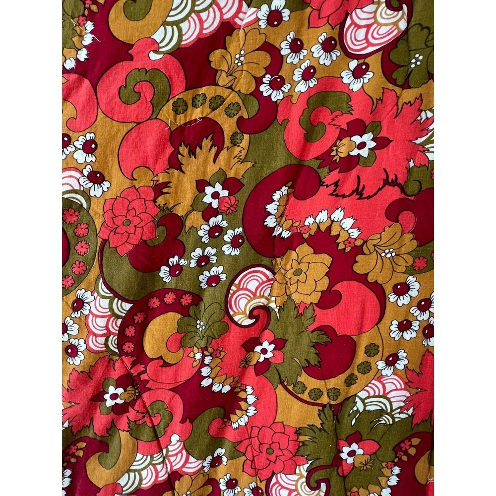70s Red Orange Floral Bedspread Twin or Full Retro 70s Psychedelic Garden Cotton - Picture 3 of 8
